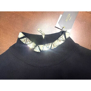 Aleeza Paris Elara Rhinestone Jewels Bead Black Mock Neck Sweater Large NWT $208